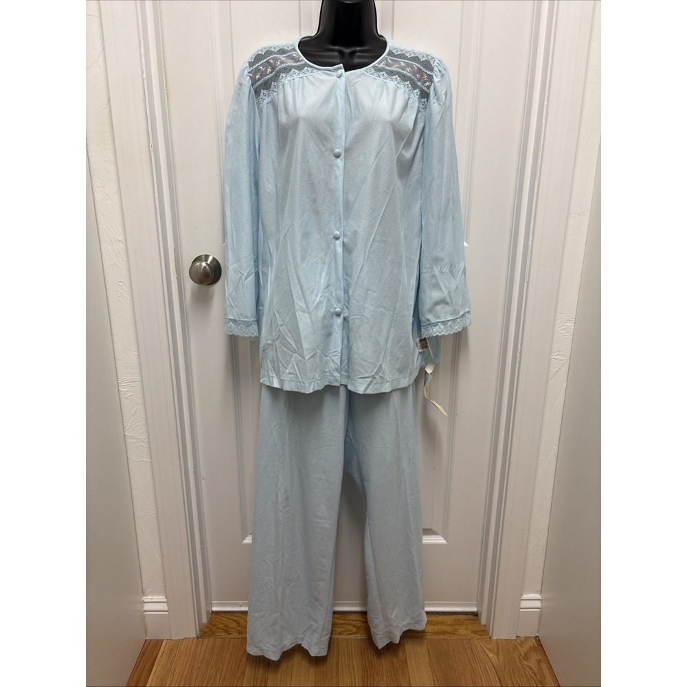 NWT Vintage Vanity Fair 2 Piece Set Blue Velvessant Nylon‎ Pajamas - Size Large
